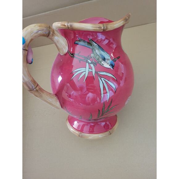 Burton+Burton Ceramic Pitcher Birds Flowers Butterflies Asian RICH DYNASTY Red - Picture 6 of 7